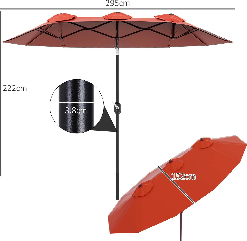 Chapéu de Sol Duplo Chapéu de Sol de Jardim com Inclinação de 45° Manivela Estrutura de Aço 295x152x222 cm Vermelho