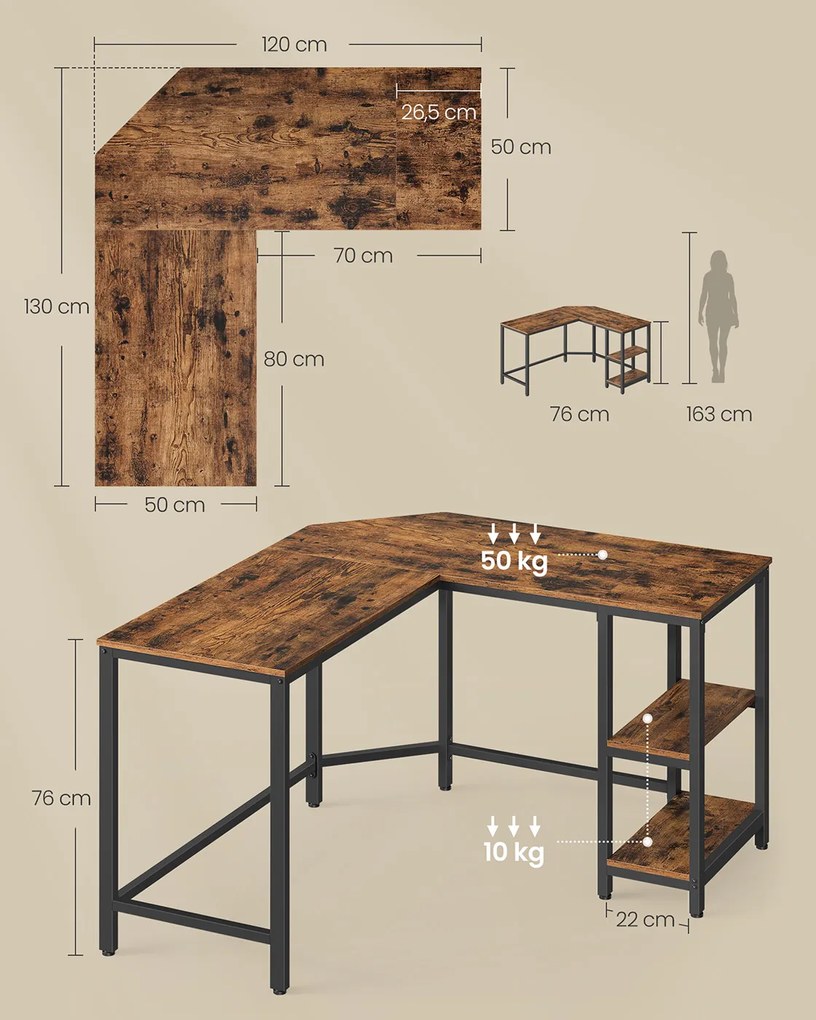 Secretária 120 x 130 x 76 cm com 2 prateleiras castanho vintage-preto