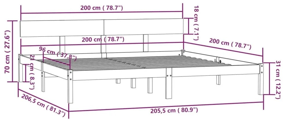 Estrutura de cama 200x200 cm pinho maciço cinzento