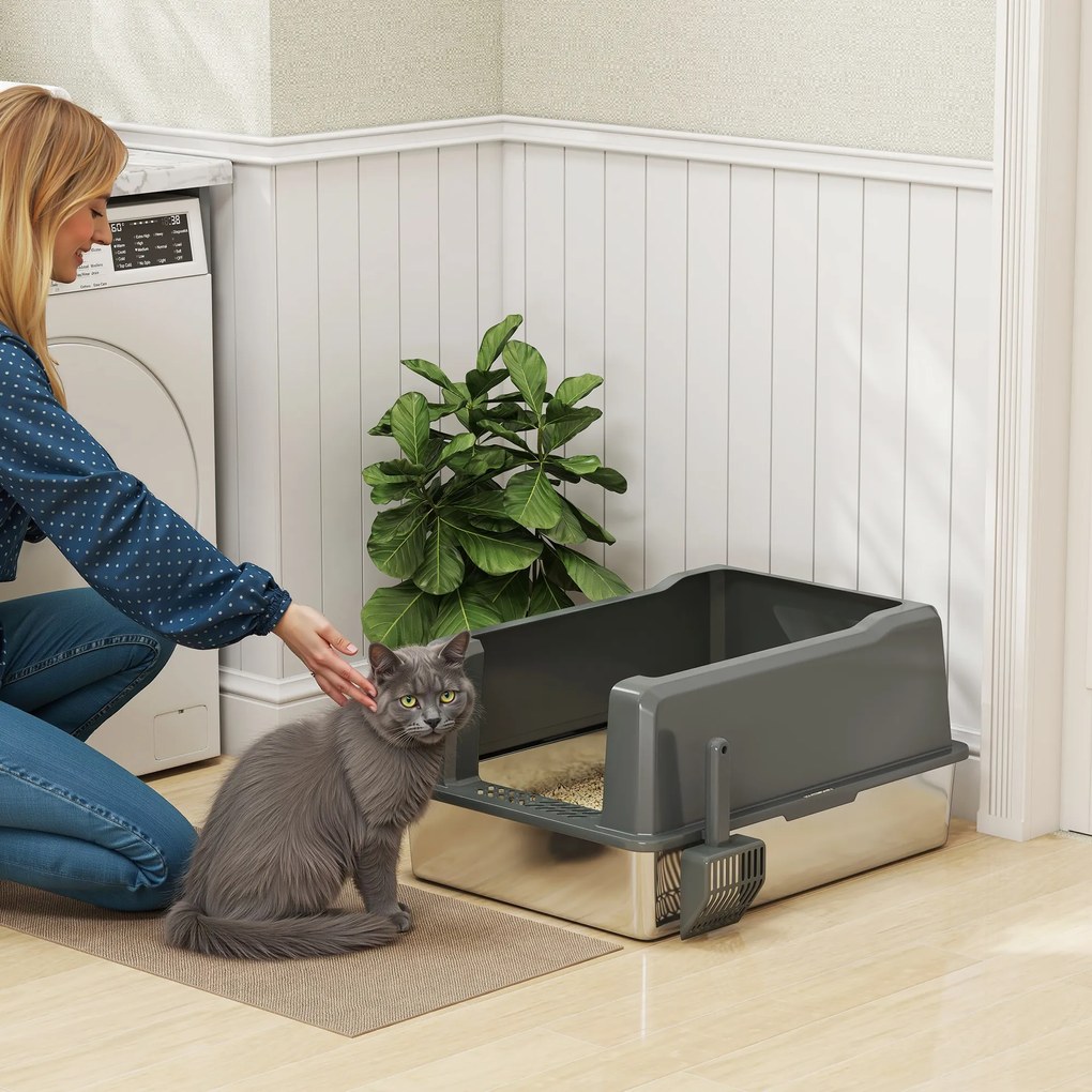 Caixa de areia para gatos em aço inoxidável de 85 L, de grande capacidade, com casa de higiene semi-fechada, 71 x 50,8 x 35,5 cm, cinzenta