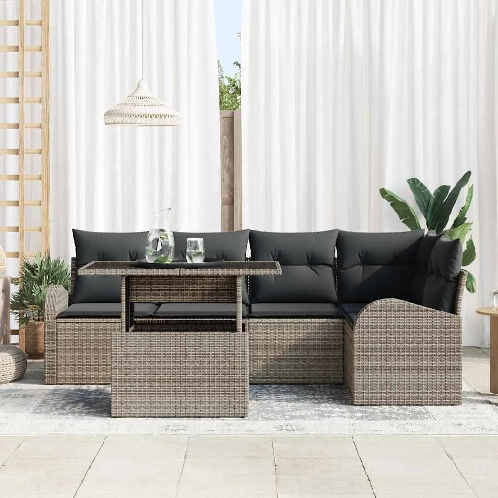Conjunto de sofá de jardim 6 peças com almofadas cinzas em rattan sint
