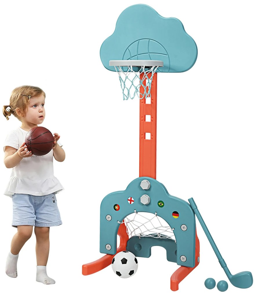 Conjunto de cesta de basquete 3 em 1 com suporte ajustável em altura - azul marinho