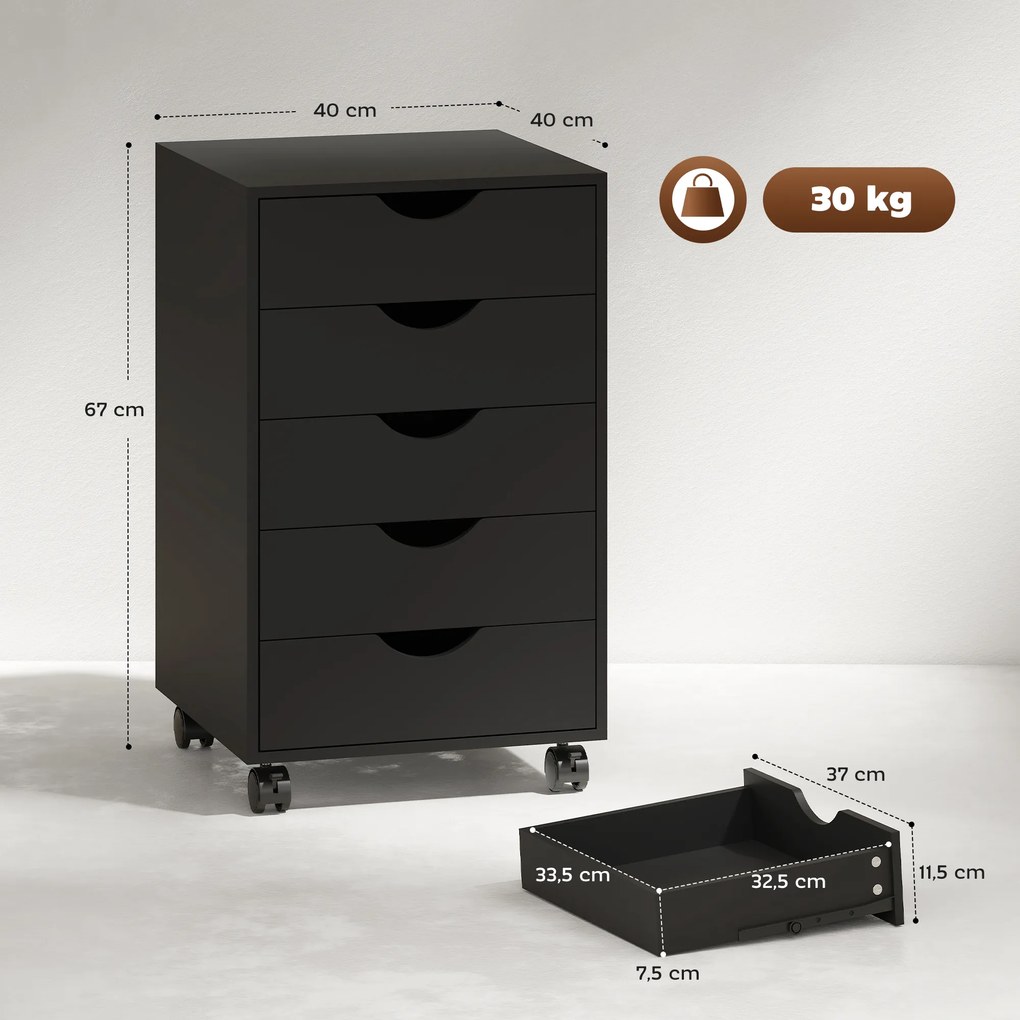 Bloco de Gavetas com Rodas Bloco de Gavetas para Escritório com 5 Gavetas 40x40x67 cm Preto