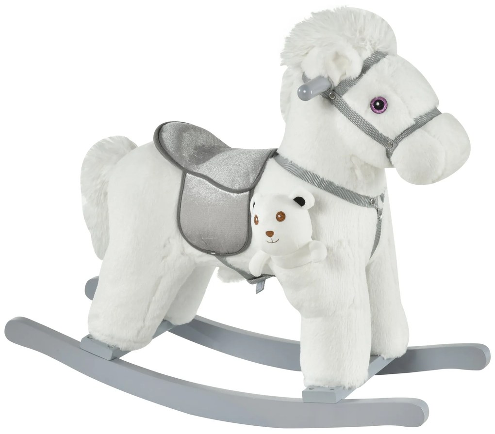 Cavalo Baloiço para Crianças de 18-36 Meses Cavalo de Balançar com Ursinho de Pelúcia Sons de Relinchos e Galopes base de Madeira 65x26x55cm Branco