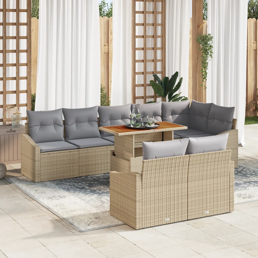 Conjunto de Sofá de Jardim de 9 Peças com Almofadas Bege Rattan Poliés