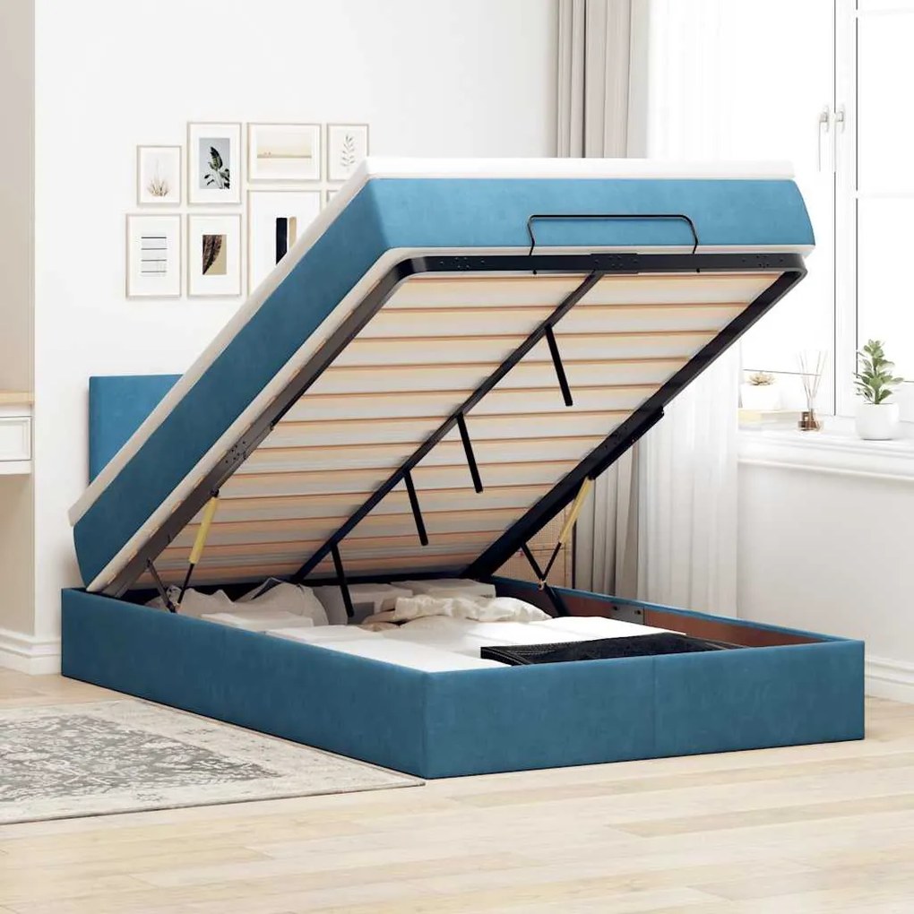 Estrutura de cama otomana colchão 120x200 cm veludo azul escuro