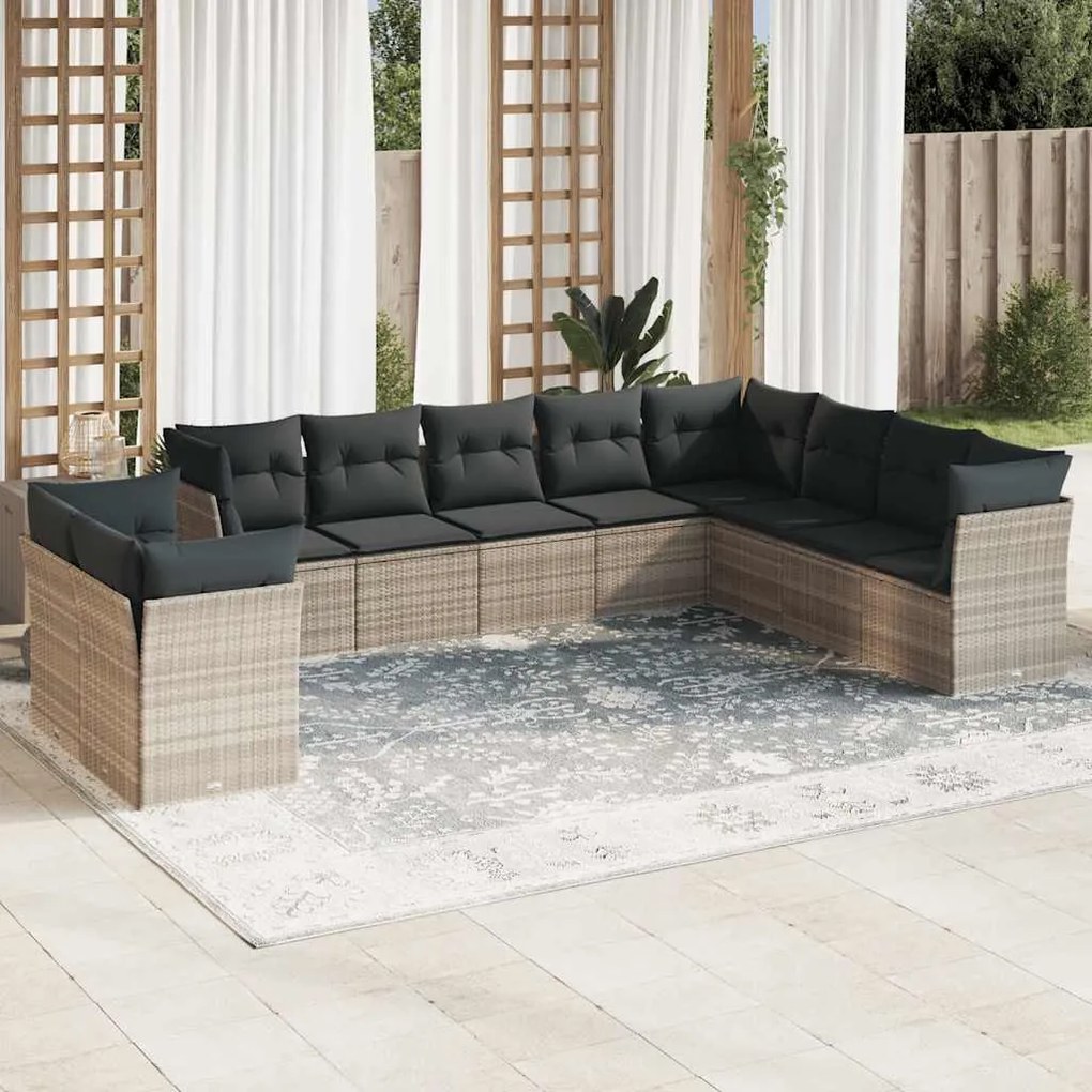 vidaXL 10 pcs conj. sofás jardim com almofadões vime PE cinzento-claro