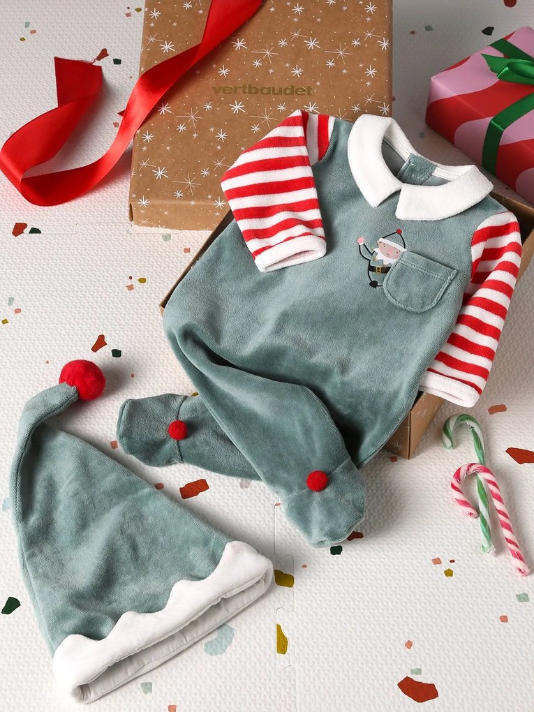Conjunto de Natal unissexo, pijama + gorro, para bebé verde medio liso com motivo