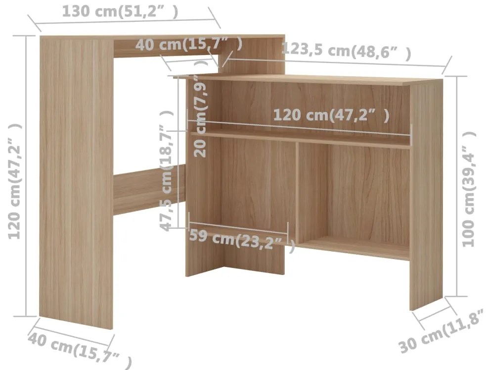 Mesa de bar com 2 tampos carvalho 130x40x120 cm