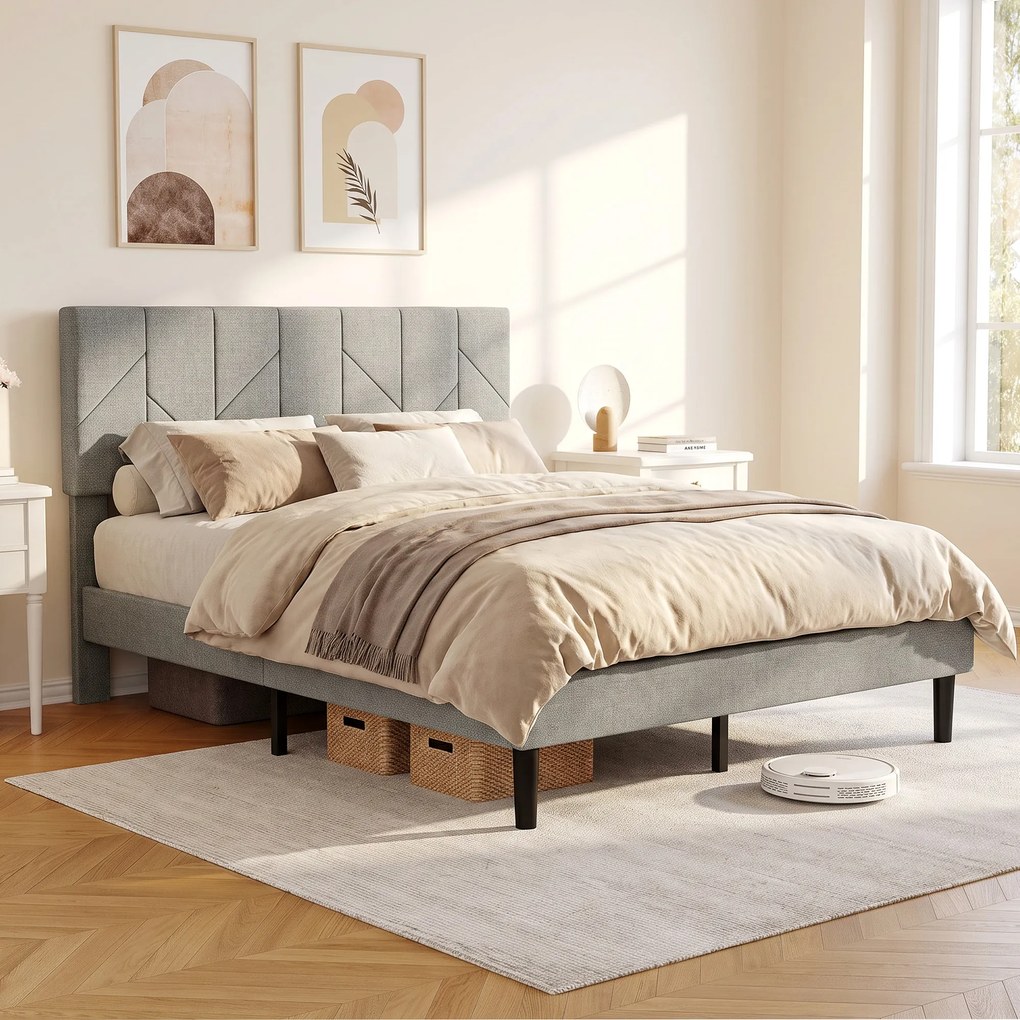 Estrutura de cama 140 x 190 cm (COLCHÃO NÃO INCLUIDO) com base e cabeceira ajustável, cama de casal estofada em linho, espaço de arrumação por baixo,