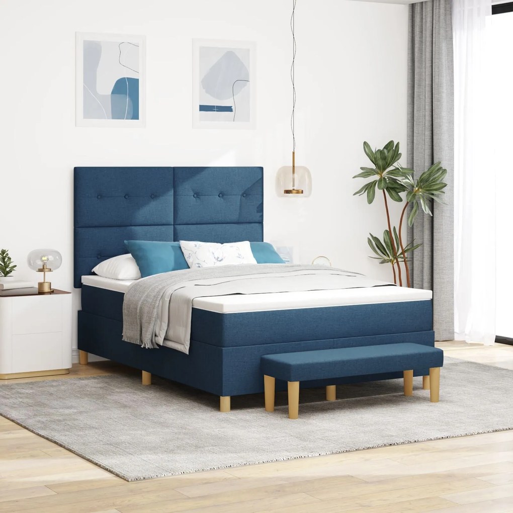 Cama Box Spring vidaXL com Colchão e Banco Azul 140x190 cm Tecido