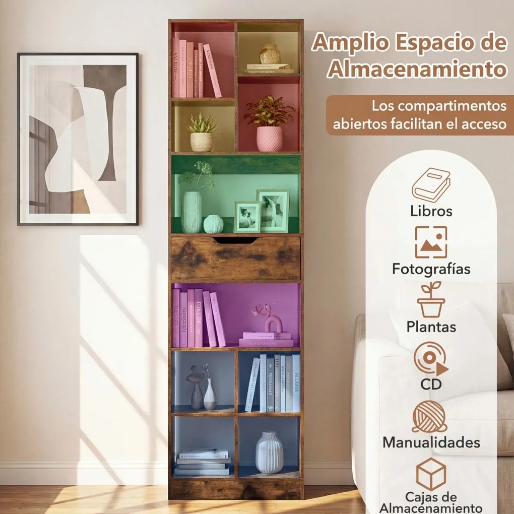 Estante de 50 x 24 x 180 cm com gaveta, 10 cubos, 2 protetores anti-tombamento e almofadas antiderrapantes para sala, escritório ou estúdio, em castan