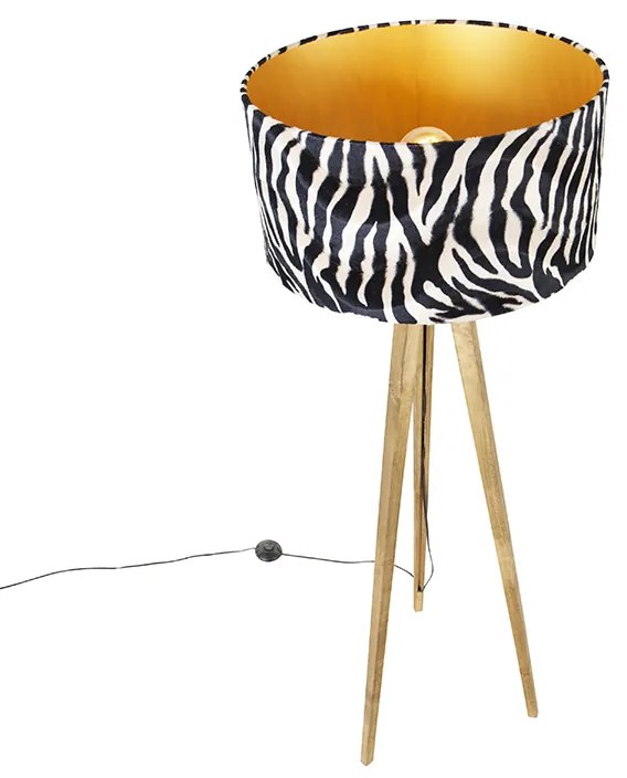 Candeeiro de pé vintage com abajur em madeira estampado com zebra 50 cm - Tripod Classic Rústico