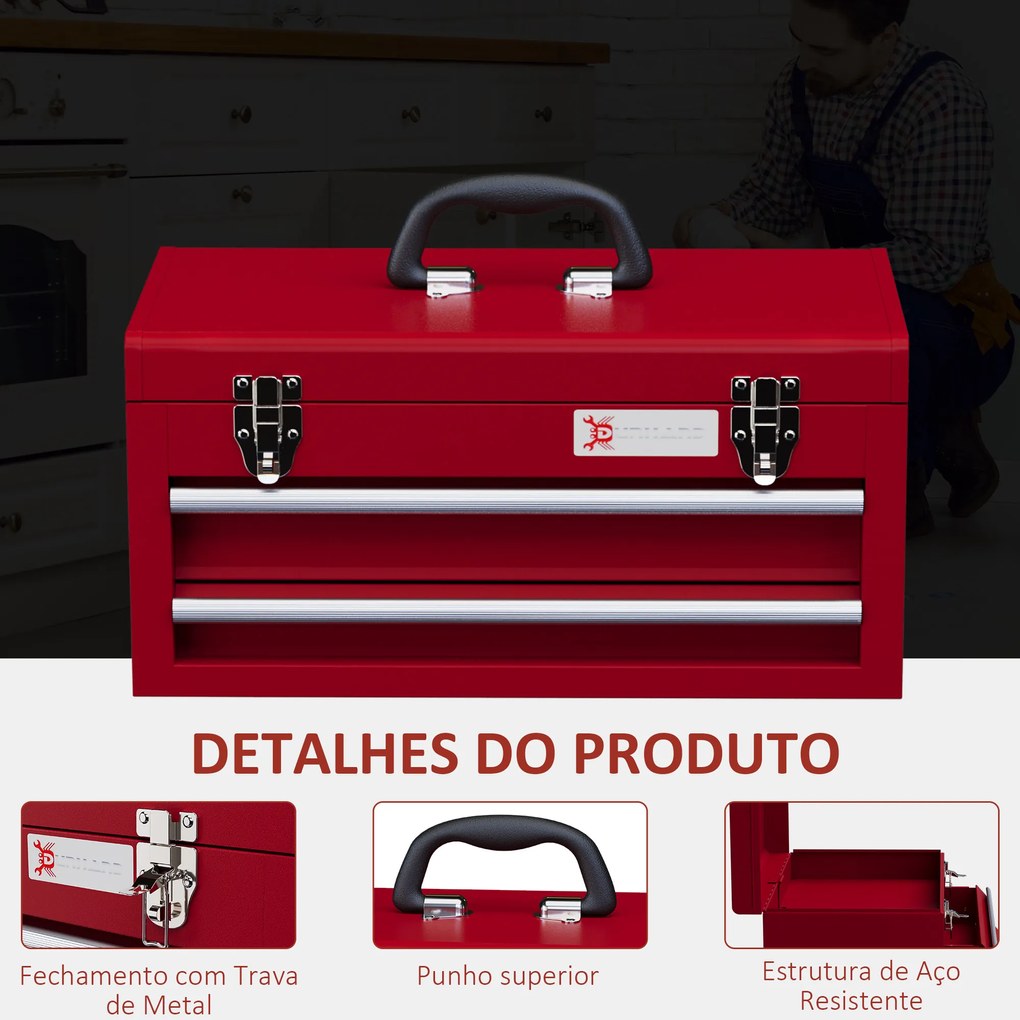 Caixa de Ferramentas de Aço com 2 Gavetas Fechaduras Metálicas Mala de Ferramentas Portátil 46x24x22 cm Vermelho