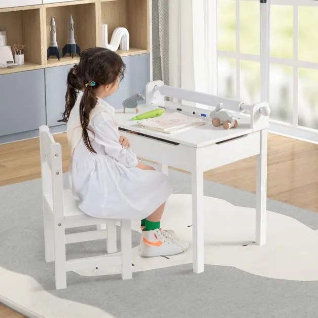 Conjunto de mesa e cadeira para crianças Mesa de actividades para crianças com arrumação e suporte para rolos de papel para desenhar, estudar e brinca