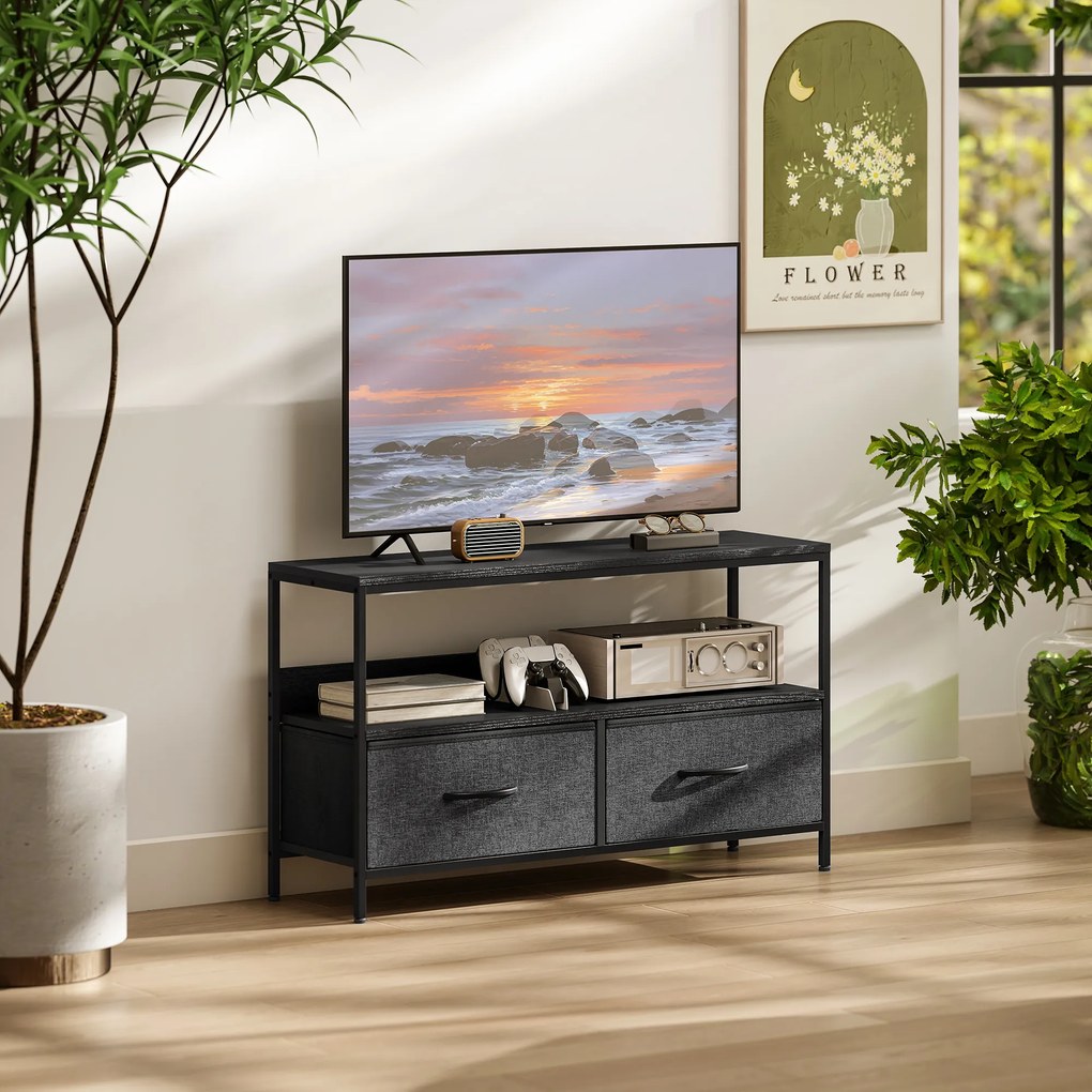 Móvel para televisor 98 x 29 x 56 cm, adequado para televisores até 47 polegadas, com 2 gavetas tecido e pés em aço, , cinzento escuro