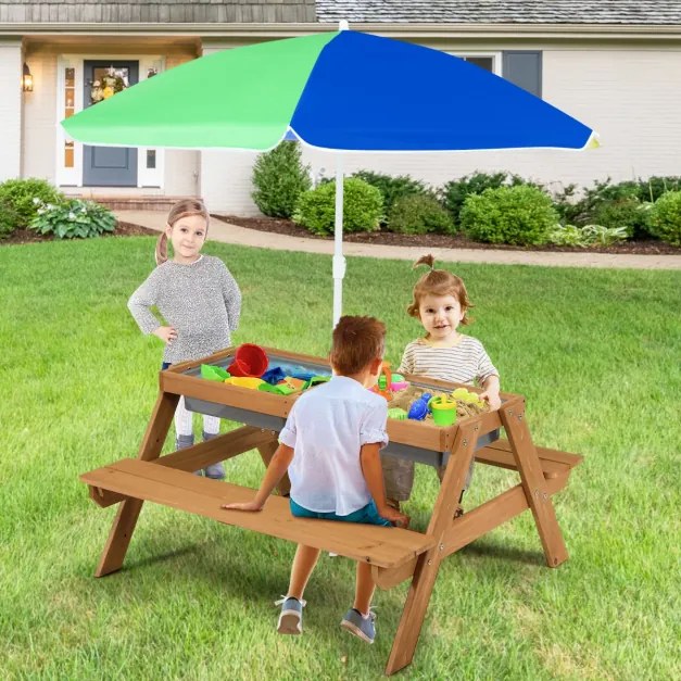 Mesa de piquenique infantil 3 em 1 com guarda-sol removível e ajustável de altura de 117 a 187 cm Mesa de madeira para pátio de jardim Multicolorido