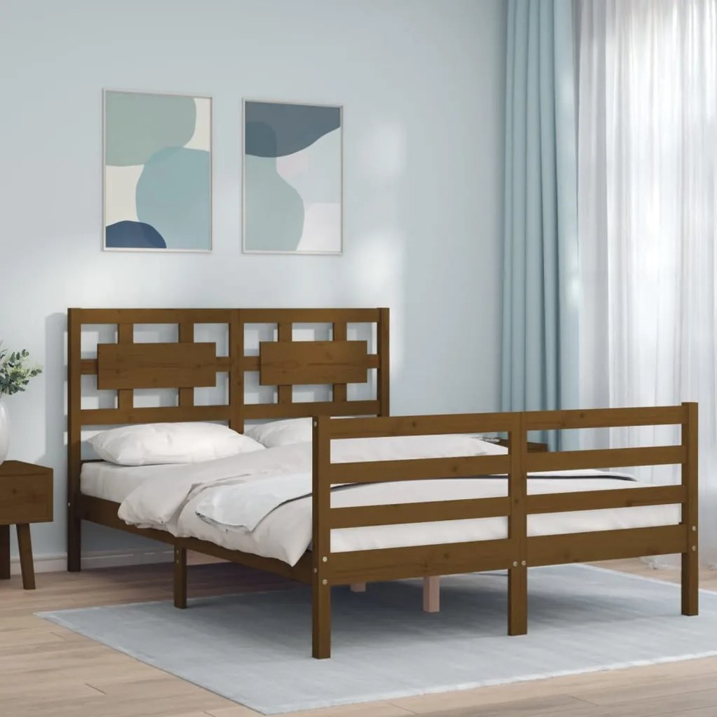 Estrutura cama casal com cabeceira madeira maciça castanho-mel