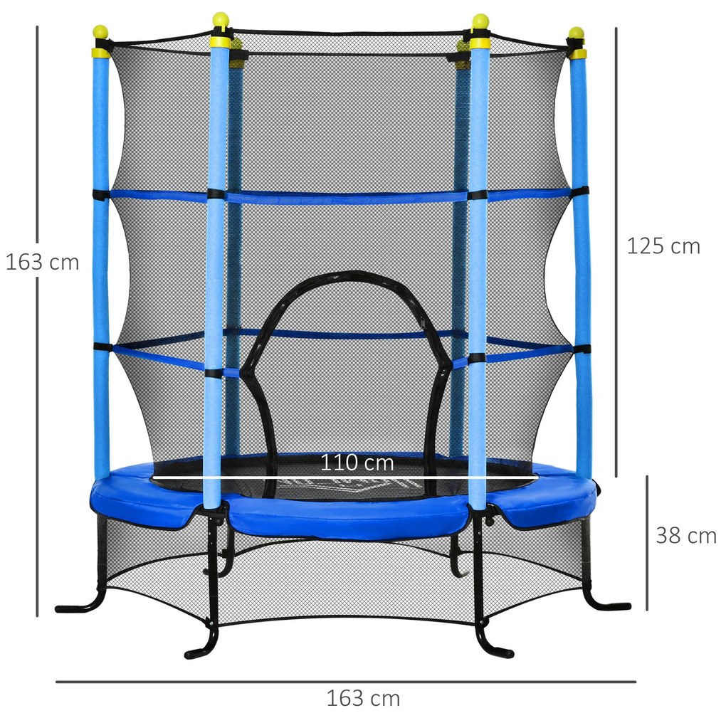 Trampolim para Crianças com Rede de Segurança e Estrutura de Aço Carga 50 kg 163x163x163 cm Azul