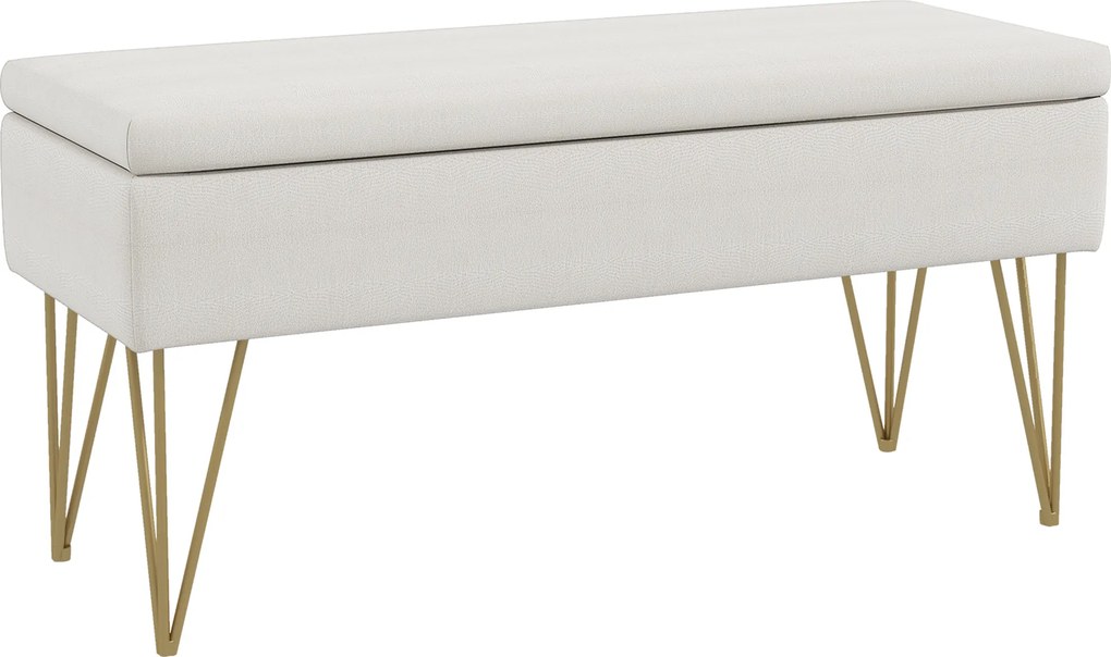 Banco com baú de arrumação 2 em 1 em tecido com pés em forma de alfinete em aço dourado 100 x 40 x 49 cm creme