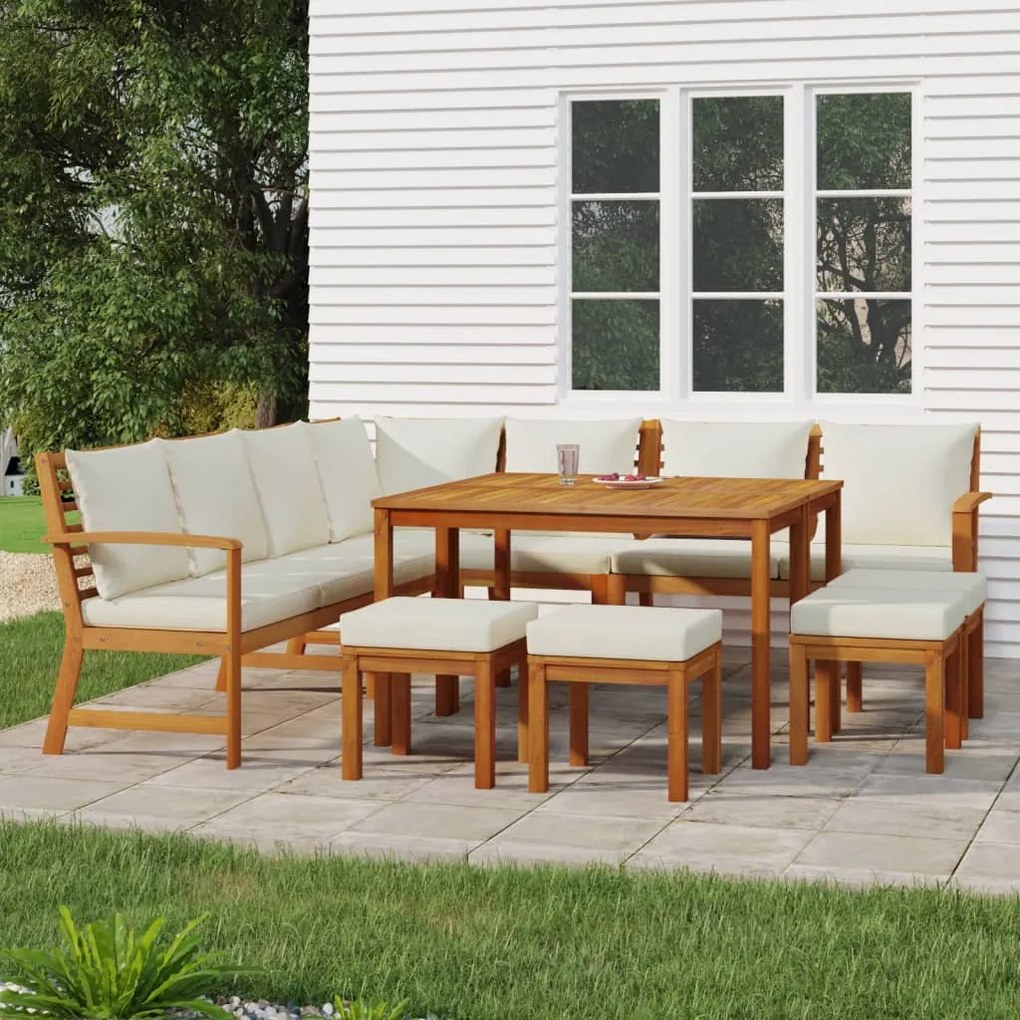 vidaXL 11 pcs conjunto de jantar p/ jardim c/ almofadões acácia maciça