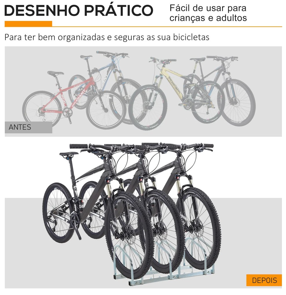 HOMCOM Estacionamento para 3 Bicicletas Suporte de Aço para Estacionar Bicicletas no Chão para Interior e Exterior 70,5x33x27cm Prata