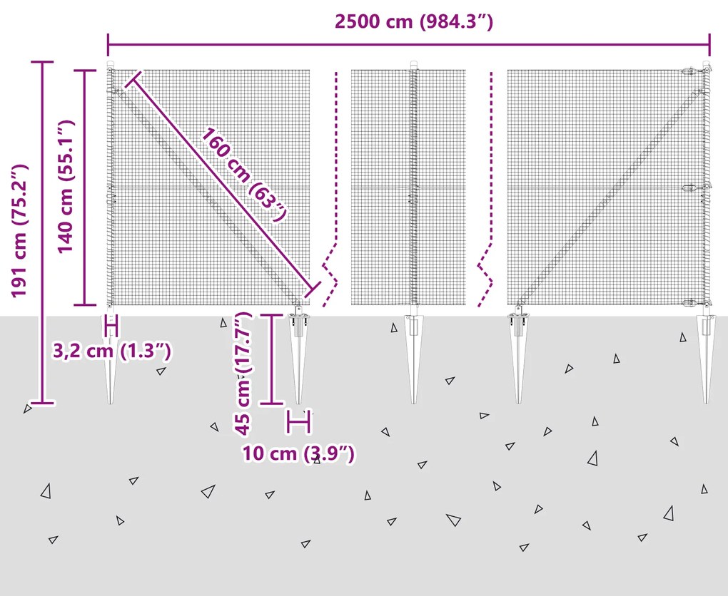 Cerca de Arame Soldado com 13 Postes de Espeto Cinza 1.4x25 m Aço