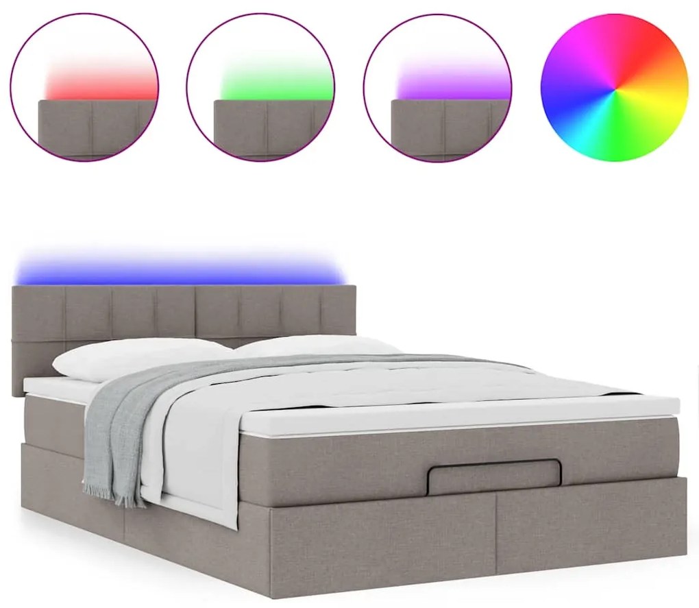 Cama Otomana com Colchão &amp; LEDs Taupe 140x200 cm Tecido