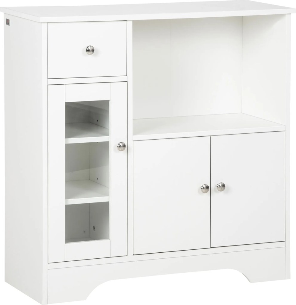 Aparador de cozinha moderno com porta de vidro, gaveta, nicho amplo e prateleiras ajustáveis 80 x 30 x 82 cm branco