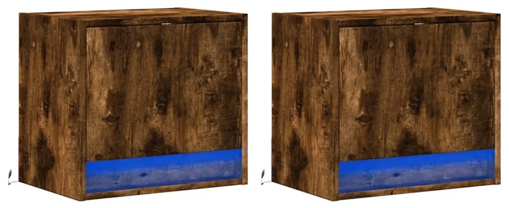 Mesas de cabeceira de parede com luzes LED 2pcs carvalho fumado