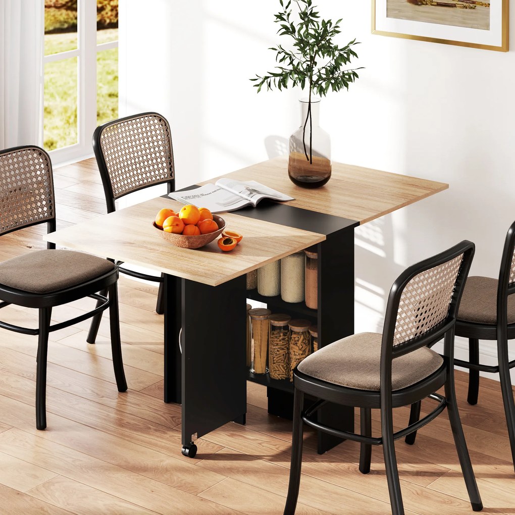 Mesa de Cozinha Dobrável (CADEIRAS NÃO INCLUIDAS) Mesa de Madeira com 2 Prateleiras de Armazenamento e Rodas 75x140x74 cm Preto e Madeira