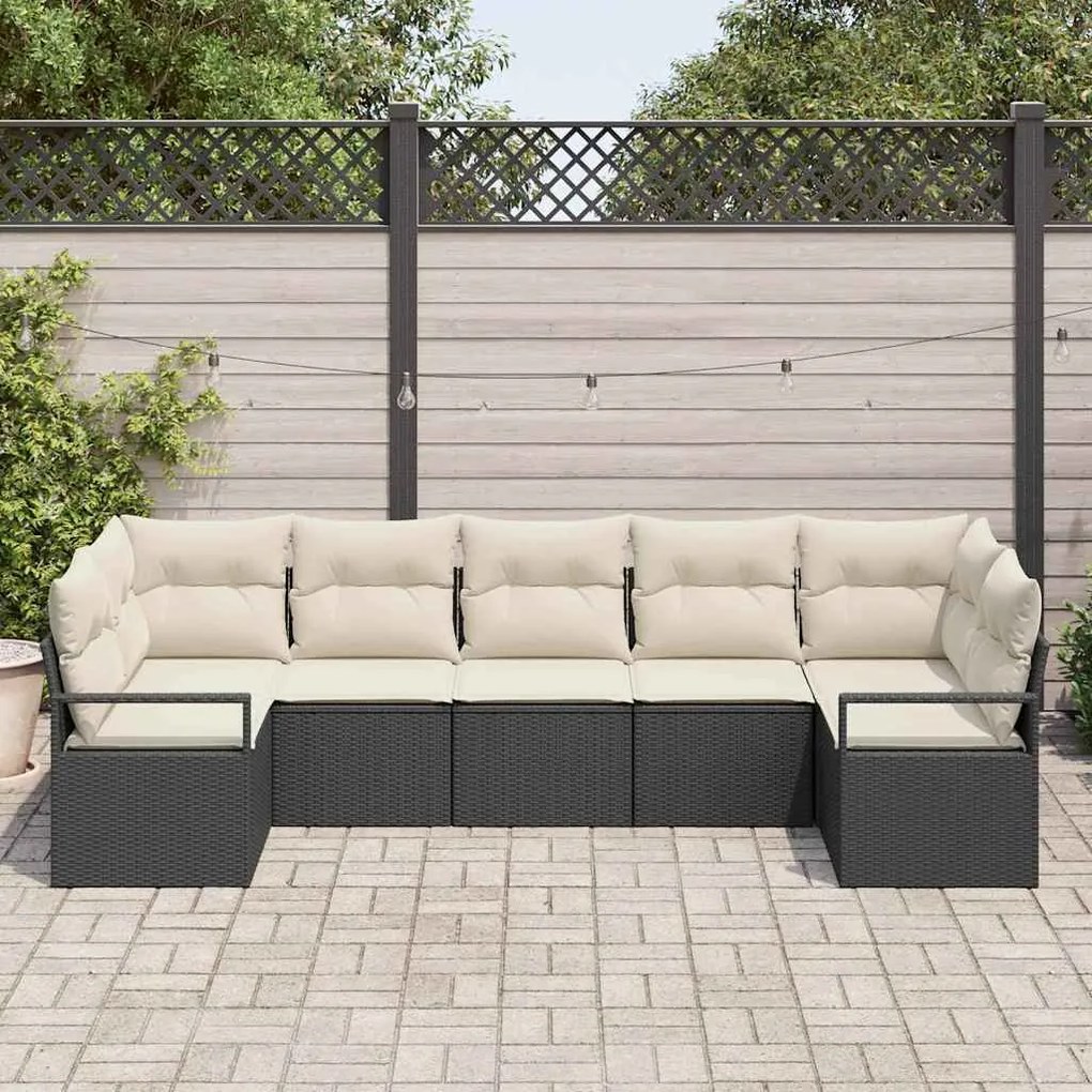 Conjunto de Sofá de Jardim com 7 Peças e Almofadas Pretas de Poliratan