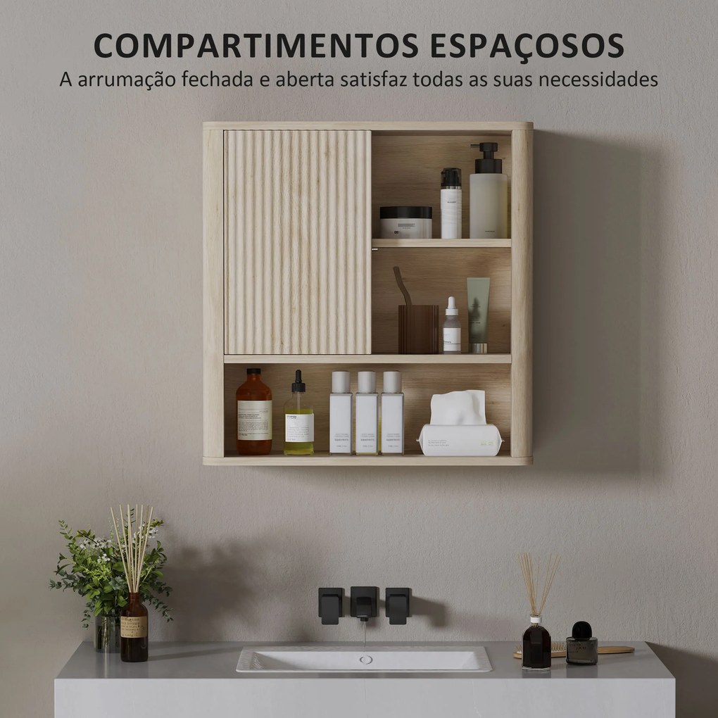 Armário de Casa de Banho de Parede com Prateleiras Ajustáveis Porta Deslizante e Compartimentos  60x20x62 cm Madeira