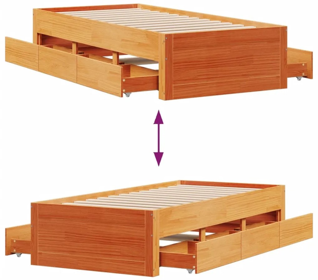 Cama sem colchão com gavetas madeira pinho maciça castanho-mel