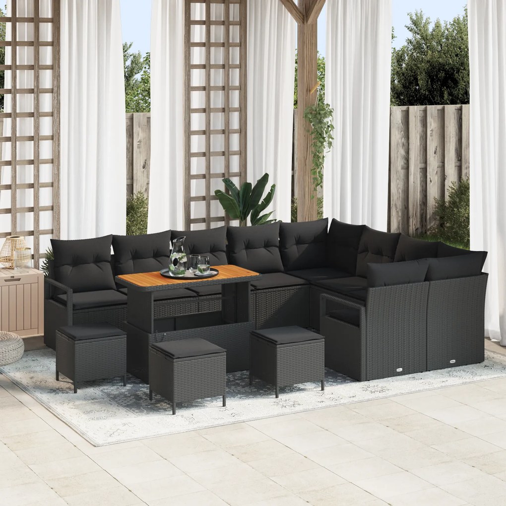 Conjunto de Sofá de Jardim vidaXL de 13 Peças com Almofadas Preto de R