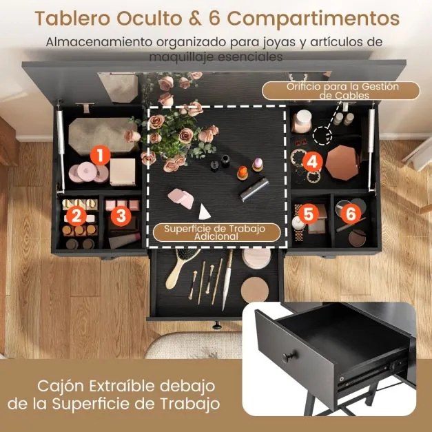 Toucador e secretaria 2 em 1 96,5 x 46,5 x 80,5 cm (BANCO NÃO INCLUIDO) com espelho rebatível, estação de carregamento e gaveta para quarto ou escritó