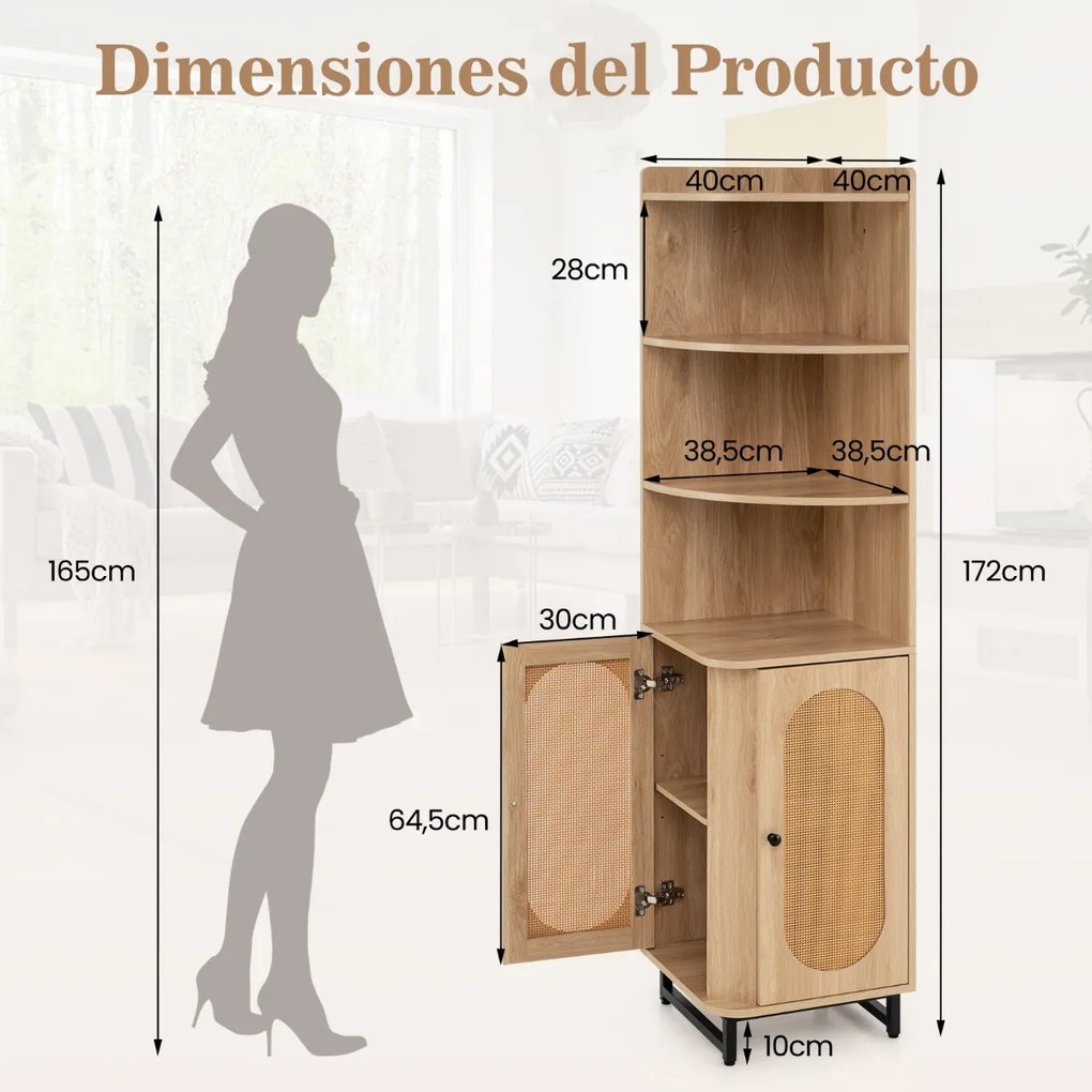 Armário de canto Rattan 172 CM Estante alta com 2 portas 4 prateleiras abertas Pernas ajustáveis Poupança de espaço Pernas ajustáveis Natural