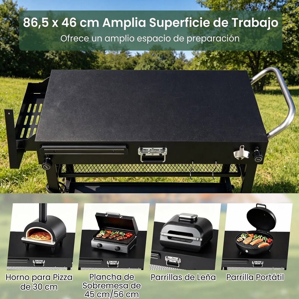 Carrinho Auxiliar para Churrasco, 109 x 46 x 86,5 cm, Dobrável, Preto