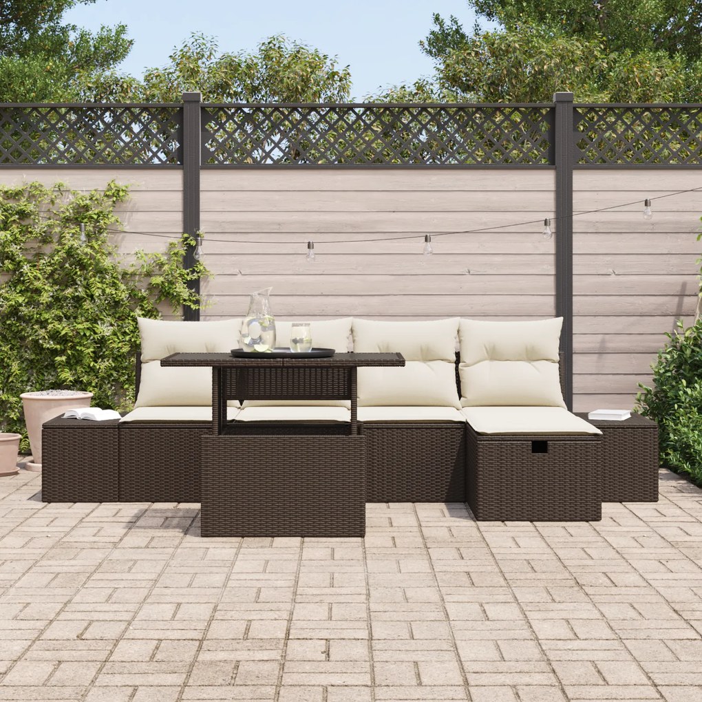 Conjunto de Sofá de Jardim de 6 Peças com Almofadas Castanho de Rattan
