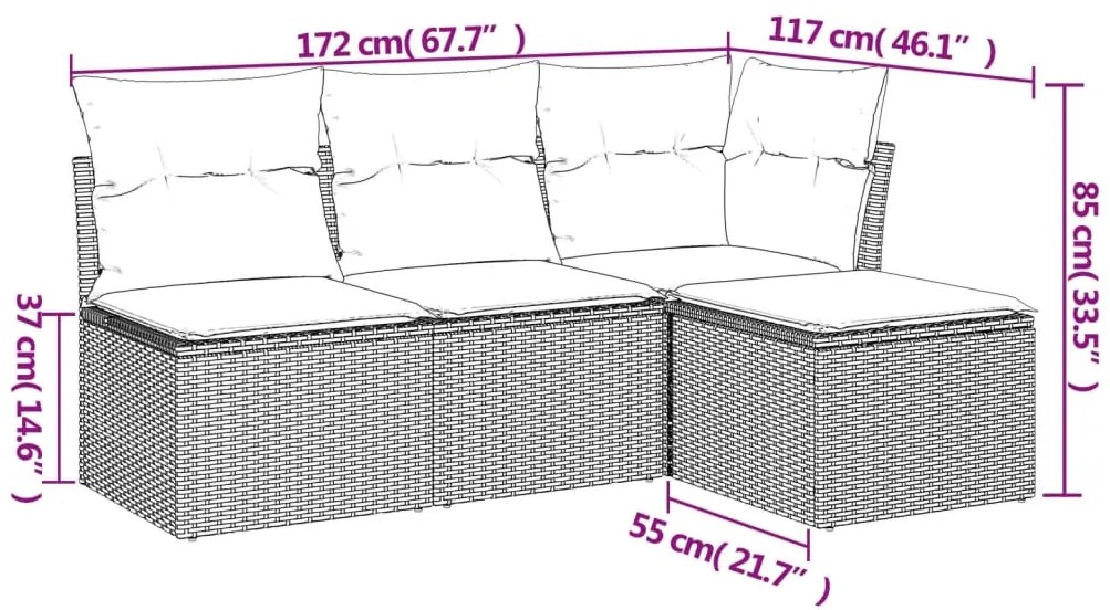4 pcs conjunto sofás de jardim c/ almofadões vime PE cinzento