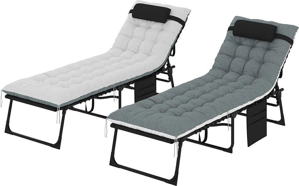 Outsunny Conjunto de 2 espreguiçadeiras, espreguiçadeira dobrável e reclinável, almofada, apoio de cabeça, bolso lateral, 60x190x31cm, cinza | Aosom Portugal