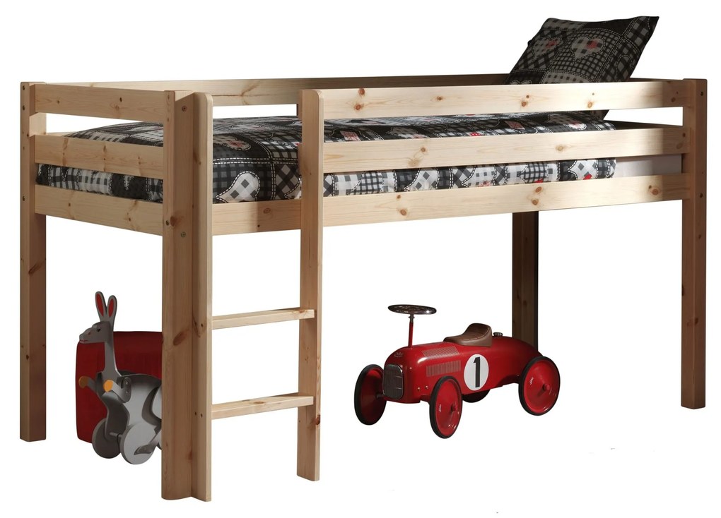 Conjunto Cama alta de Criança PINO 90 x 200 cm + estrado + escada Natural