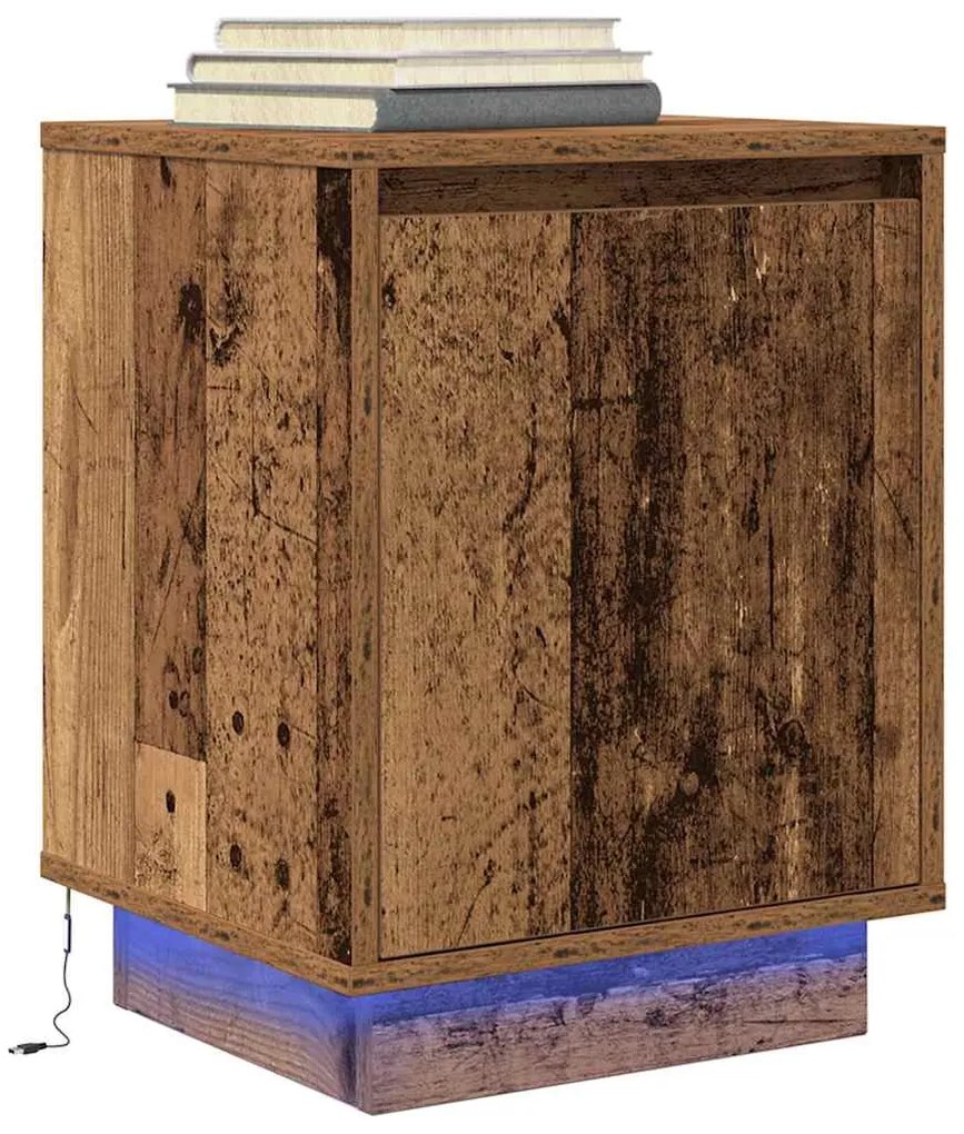 Mesas cabeceira c/ luzes LED 2 pcs 38x34x50 cm madeira velha