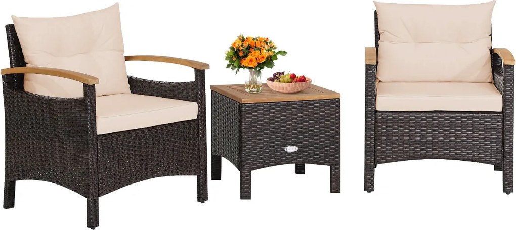 Conjunto de jardim de 3 peças com mesa de café Almofada amovível Apoio de braços em madeira de acácia para jardim Piscina Castanho