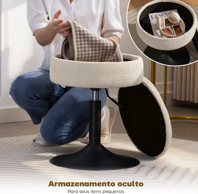 Banco de Bar com Armazenamento Altura Ajustável Giratório Estofado em Chenilla 39x39x49-65 cm Bege