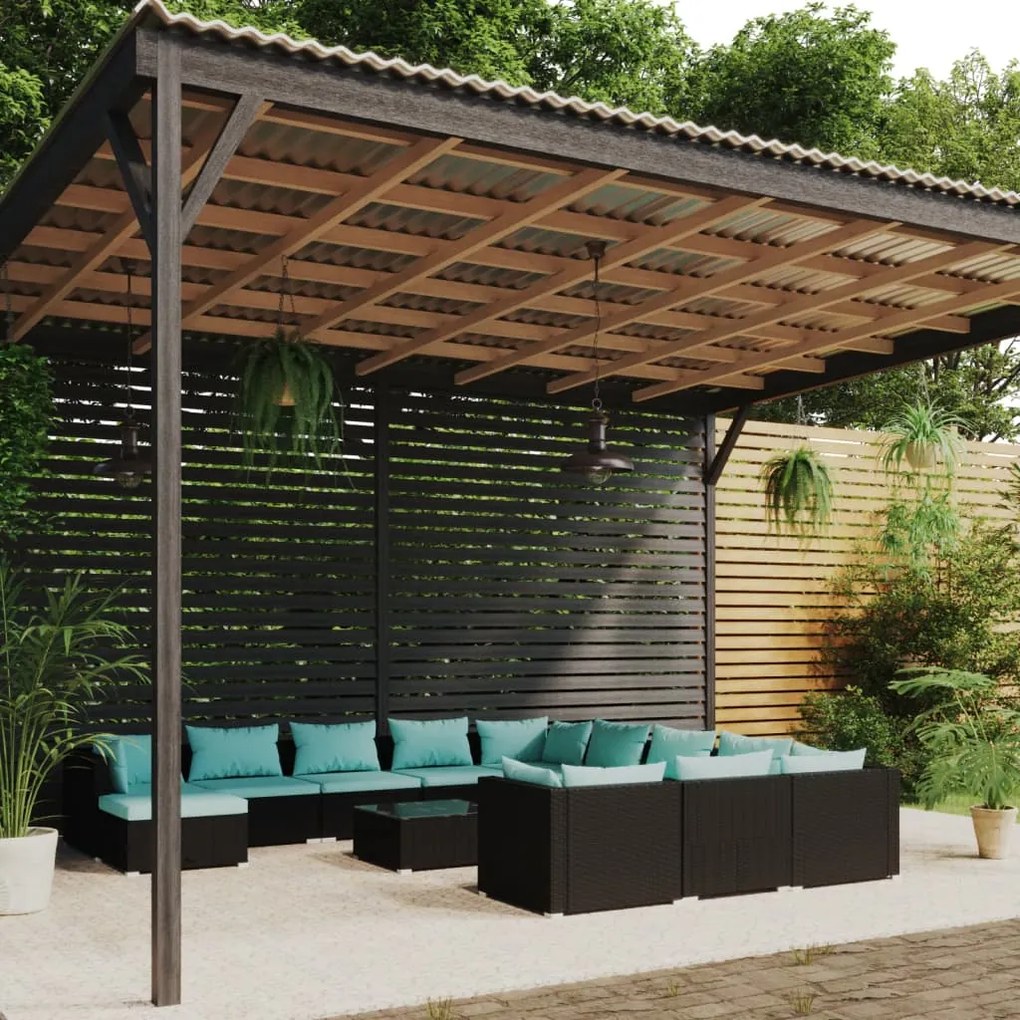 vidaXL 12 pcs conjunto lounge de jardim c/ almofadões vime PE preto