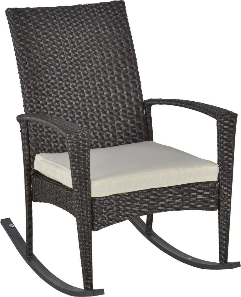 Outsunny Cadeira de Balanço Poltrona de Balanço para Jardim com Almofada , Polyrattan+Metal, Castanho+Creme, 66 x 88 x 98 cm | Aosom Portugal