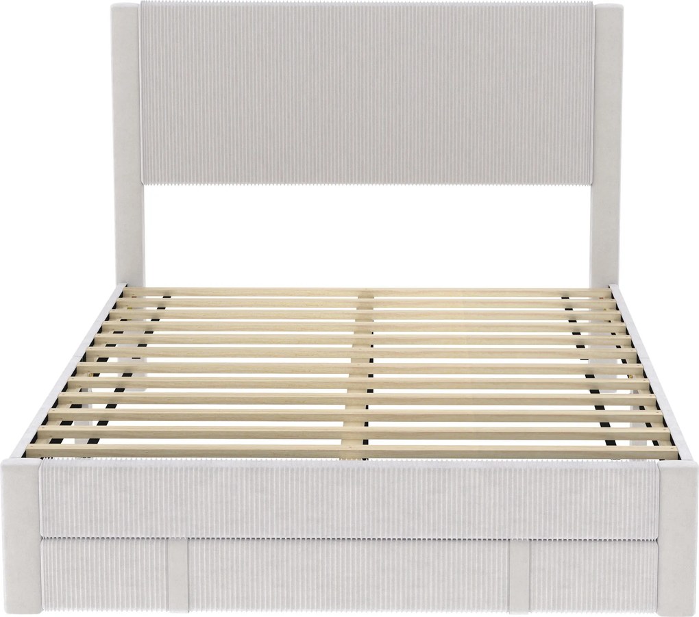 HOMCOM Cama Estofada 140x200 cm com Cabeceira Acolchoada, Gaveta de Arrumação e Ripas de Madeira, Bege | Aosom Portugal