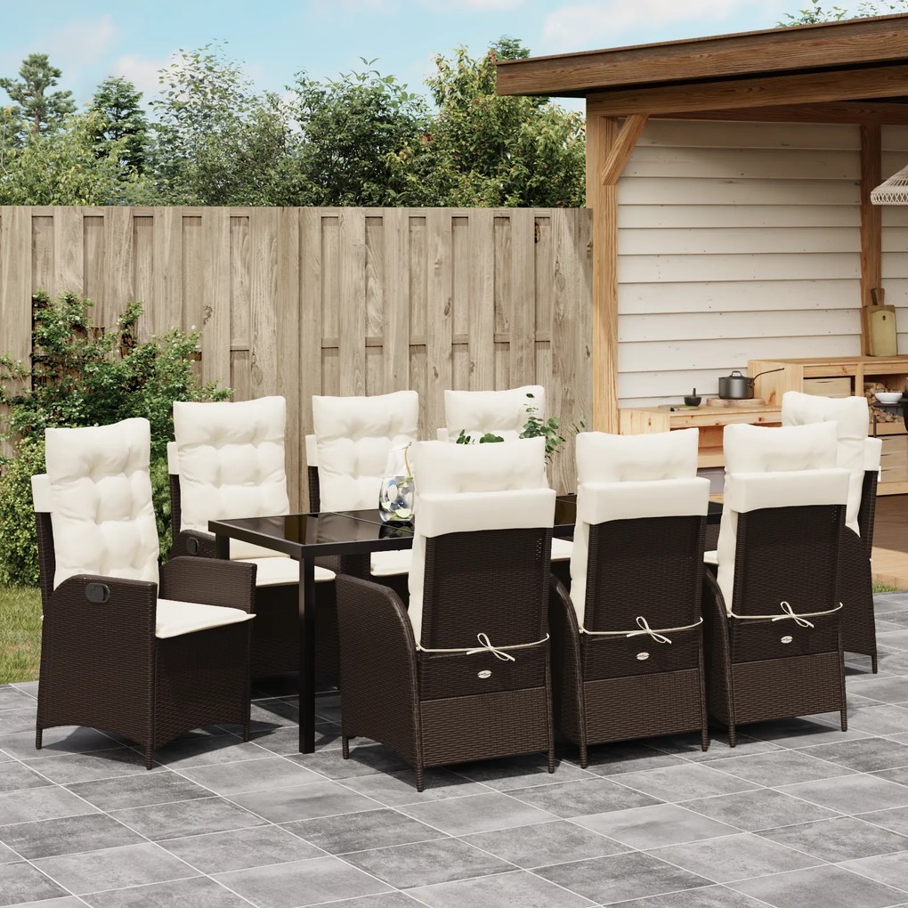 Conjunto de Jantar de Jardim de 9 Peças com Almofadas Castanho Vime PE