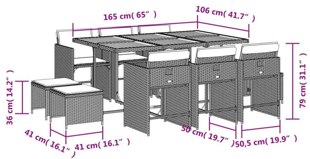 11 pcs conjunto jantar p/ jardim c/ almofadões vime PE cinzento